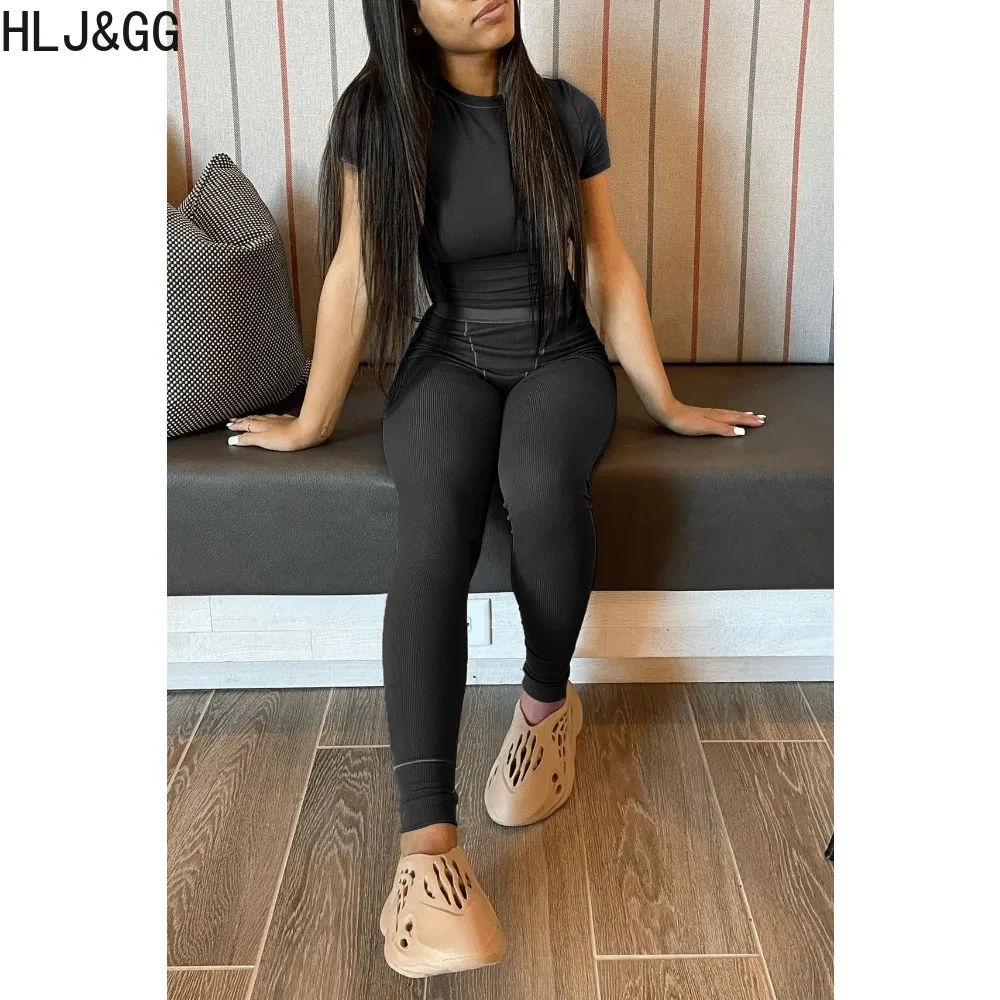 HLJ&GG Casual Solid Color Legging Pants Sets Women Round Neck Short Sleeve Top+Skinny Pants Two Piece Female Sporty 2pcs Outfits