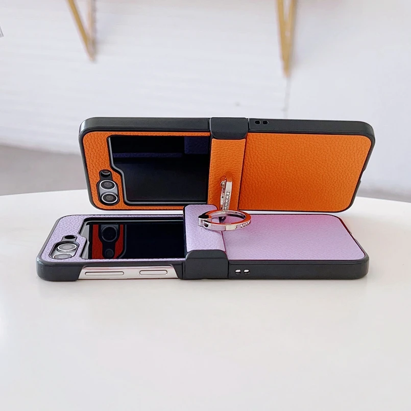 Luxury Litchi Grain Leather Case with Metal Ring Rotating Stand