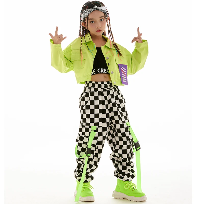Girl Dance Costume Children Costumes Hip Hop Costume Jazz Dance Kpop Outfit Stage Wear Fashion Girls Clothes Green Jacket Checkered Pants Long Sleeves Kids