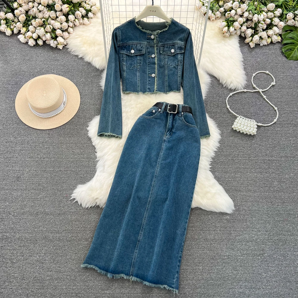 

Women Denim Jacket Sets Frayed O-neck Single Breasted Long Sleeve Coat+High Waist A-Line Long Jean Skirt 2pcs Female Outfit Suit