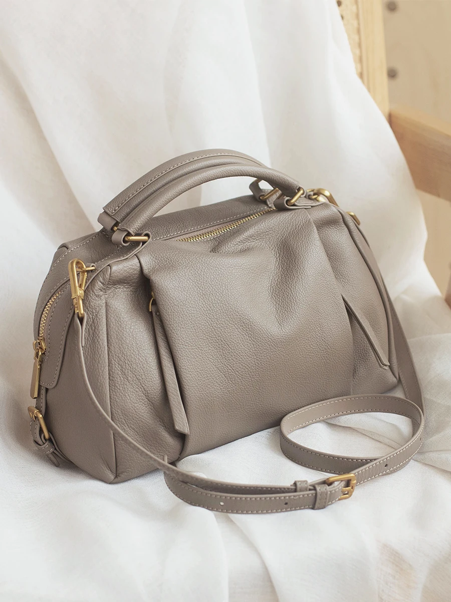 Genuine Leather Boston Pillow Bag, Spacious Commuter Tote for Women, Shoulder Crossbody Purse