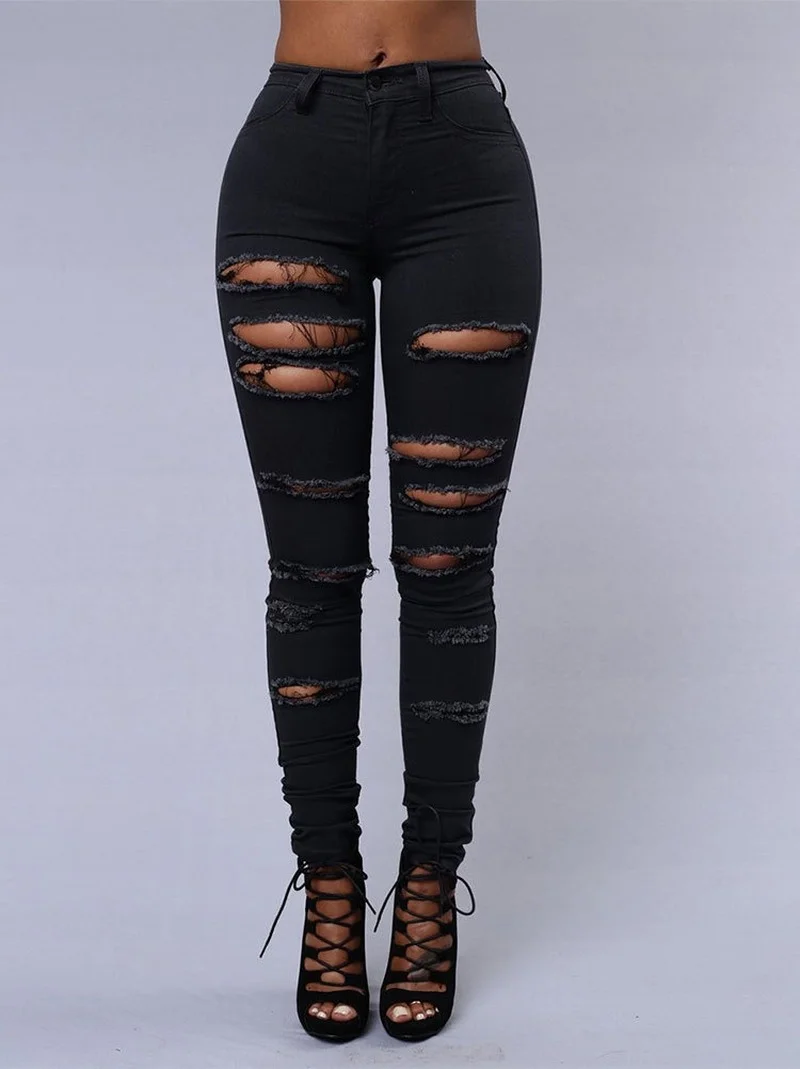 Women Fashion Street Casual Pencil Pants 2021 Ripped Jeans Female Sexy Skinny Denim Trousers Female Spring Summer Jeans Clothing