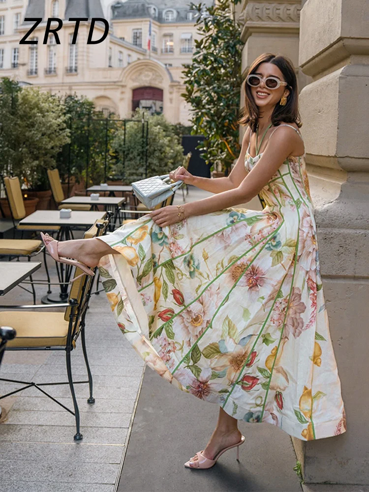 Fashion Halter Printed Sling Long Dress Women Pleat Backless Sleeveless A-line Holiday Dresses 2026 Summer Lady Contrast Robes 3