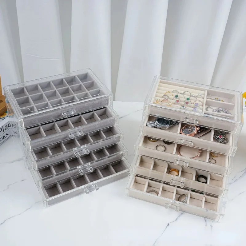 Jewelry Organizer Box Transparent Display Case 5 Layer Earrings Necklace Ring Plastic Storage Boxes Velvet Jewelry Tray Gifts