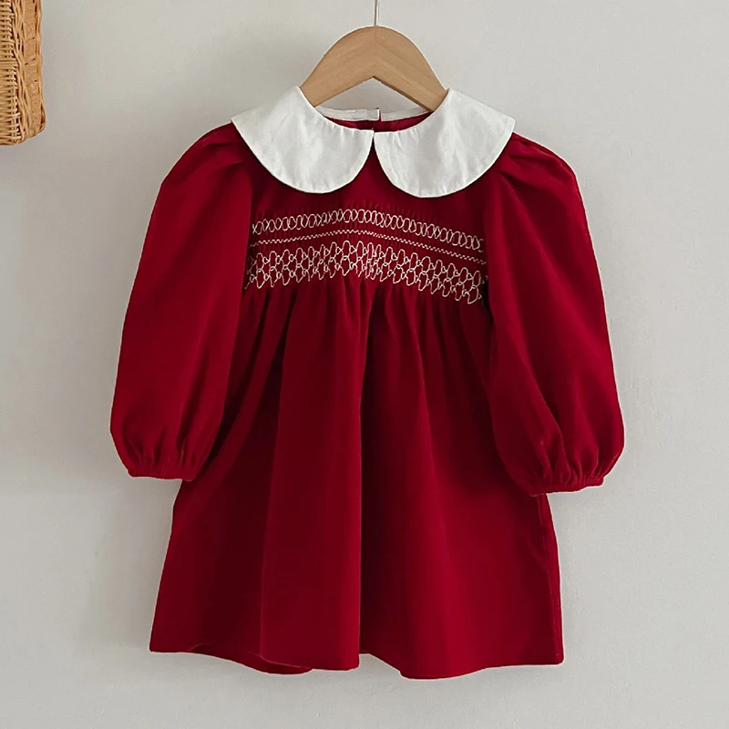 Infant Girls Long Sleeve Sweet Solid Dress with Doll Collar Romper