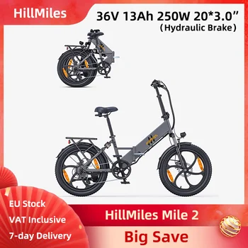 HillMiles Mile 2 Bici elettrica pieghevole 250W 36V 13Ah 20*3.0 "Pneumatici grassi Pieghevole E-bike Freni a disco idraulici a 7 velocità 42Nm 25 km/h