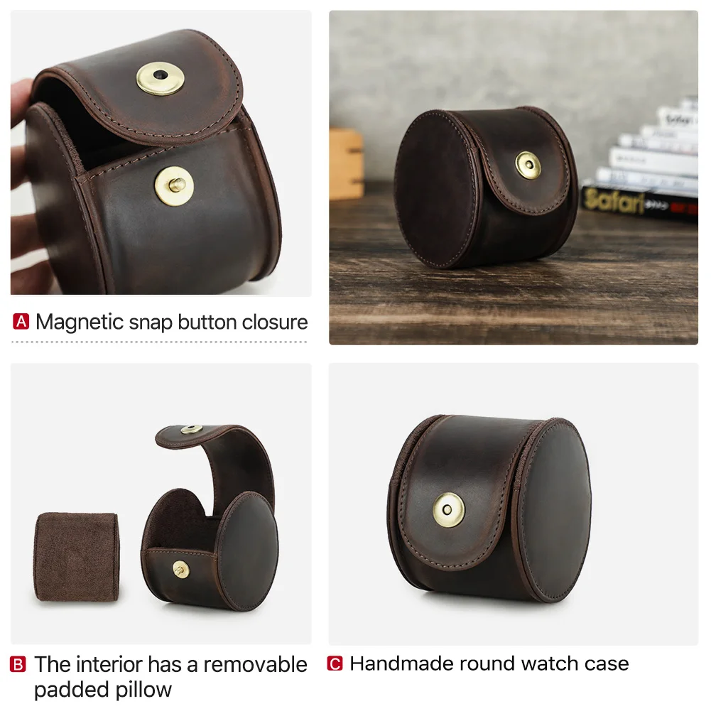 Retro Handmade 100% Genuine Leather Single Slot Watch Case Travel Portable Storage and Display Box with Removable Pillow