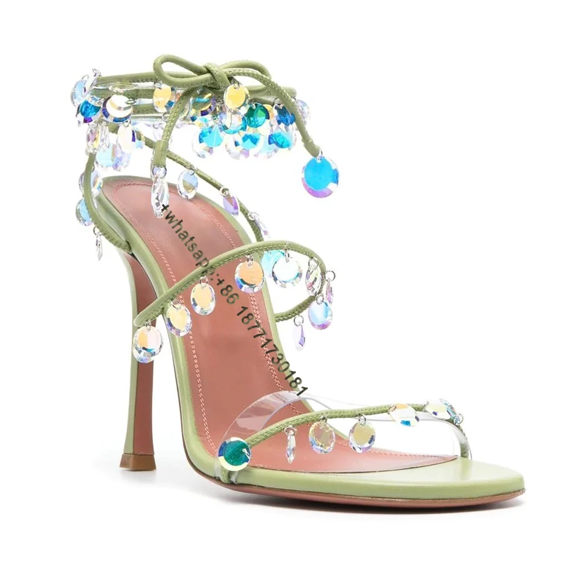 Green Crystal Pendants Bead Detail Sandals Woman Summer 2023 Tie