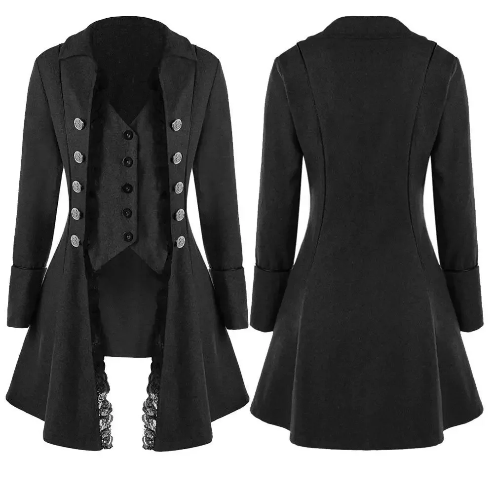 Women Jacket Coat Medieval Retro Lace Victorian Gothic Long Sleeve Button Tailcoat Steampunk Halloween Party Costume Clothing