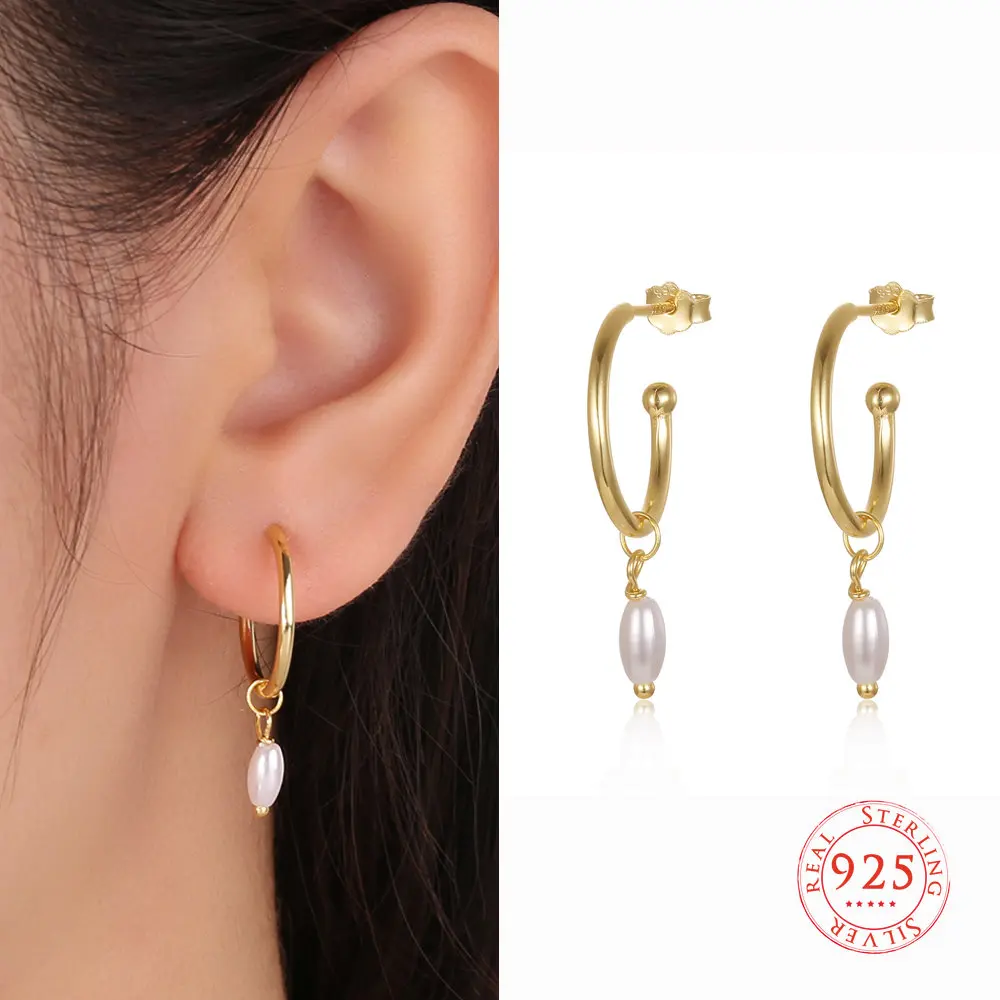 

Dowi 925 Sterling Silver C Shape Small Imitation Pearl Beads Charms Dangle Earrings for Women Long Chain Fine Jewelry 2022