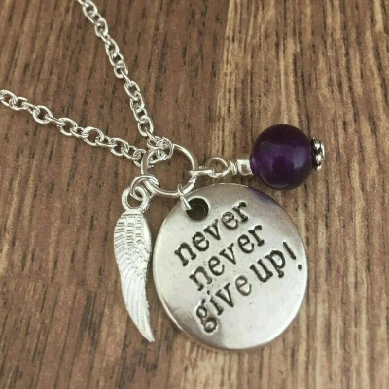 Vintage silver never never give up necklace pendant natural stone bead 