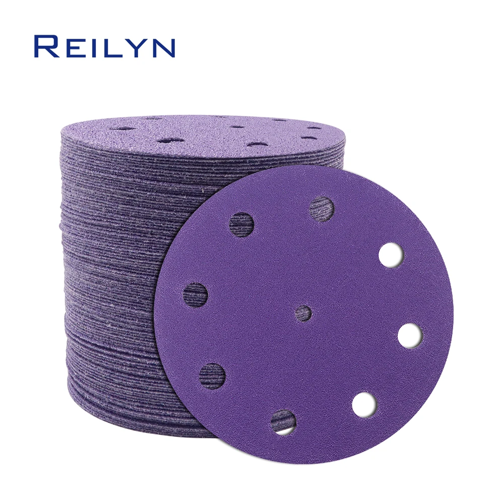 100pcs 5 Inch 9 Hole Purple Sandpaper Polishing Pad 125mm Flocking Sandpaper Grinding Wheel Chair Wood Dry Polishing Dremel