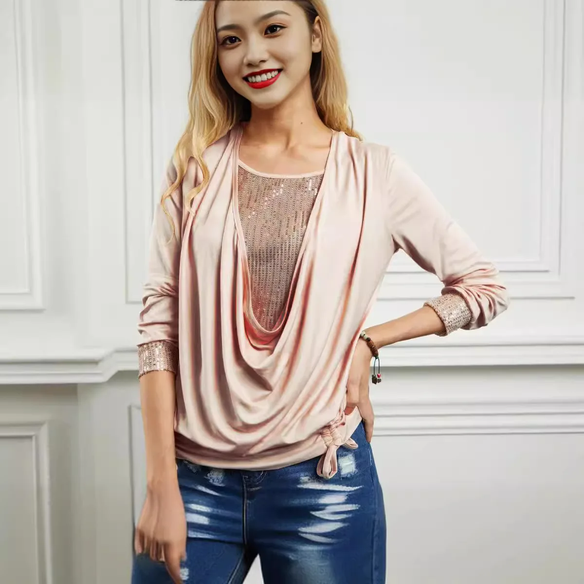 Sequined Patchwork Long Sleeve Loose Fit Women Tshirt