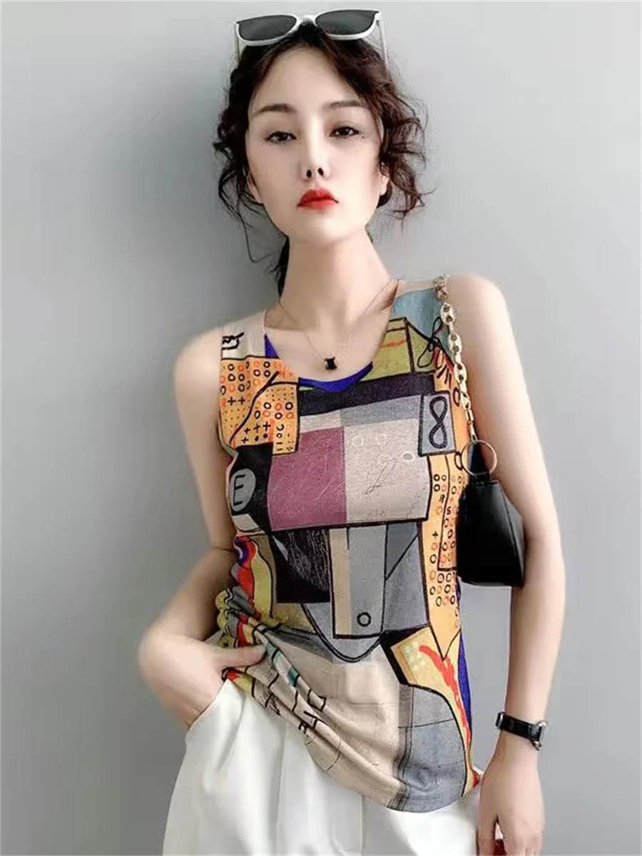 

Women Summer Style Tanks Tops Lady Casual Sleeveless O-Neck Loose Style Printed Shirts Tops DF4495