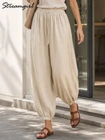 Pantalon ample en coton pour femme, style Aladdin, bleu marine, taille élastique, coupe lanterne, pantalon harem court 2