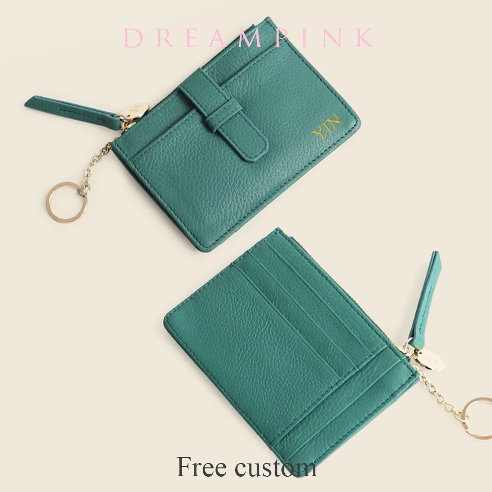 

Genuine Leather Women Short Wallet Fashion Custom Letters Slim Credit Card Holder Zip Small Engrave Initials Keychain Coin Purse