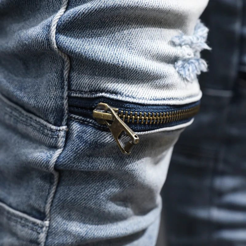 High Street Fashion Men Jeans Retro Light Blue Slim Fit Elastic Zippers Spliced Designer Biker Jeans Patched Hip Hop Pants Men