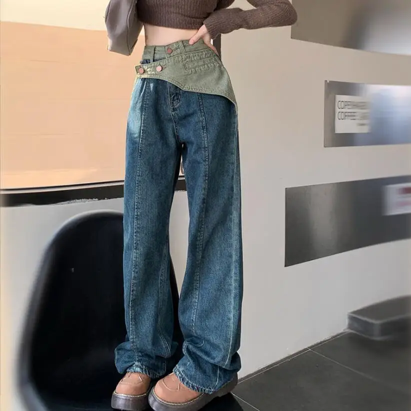 

Женские джинсы в стиле ретро с высокой талией, свободные джинсовые брюки в стиле пэчворк контрастных цветов с карманами и пуговицами, широкие брюки, весна 2023, w558
