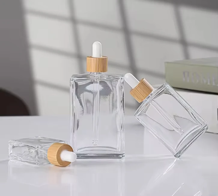 Square Dropper Bottles Frosted/Clear Refillable Aromatherapy Essential Oil Liquid Pipette Containers Bamboo Lid Hair Dropper