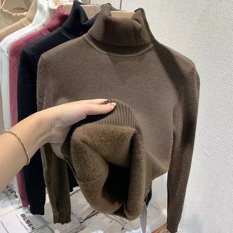 

Warm Winter Sweater Korean Style Fashion Pullover Turtle Neck Solid Color Thick Fleece Women Elegant Knitted Loose Vintage