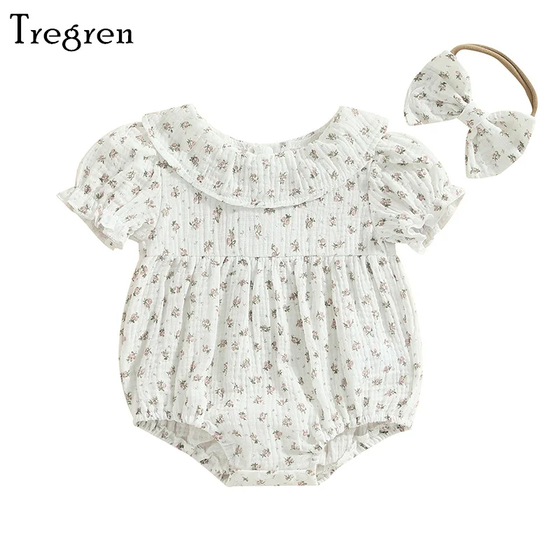 

Tregren 0-18M Newborn Infant Baby Girls Summer Jumpsuit Set Floral Print Short Sleeve Romper with Elastic Bow Headband Outfits