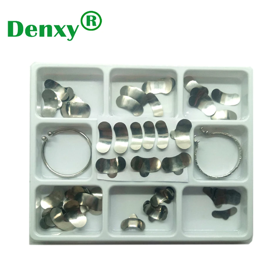 

Denxy 1box Dental Sectional Contoured Matrices Ring Delta Wedges Kit Russia Stainless Matrix Band Kit with 2 rings 102pcs