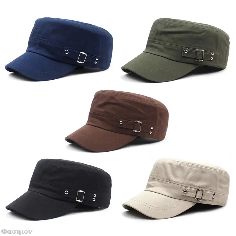 Military Style Cadet Army Cap Men Women Pure Color Washed Cotton Flat Top Cap Summer Autumn Adjustable Visor Hat