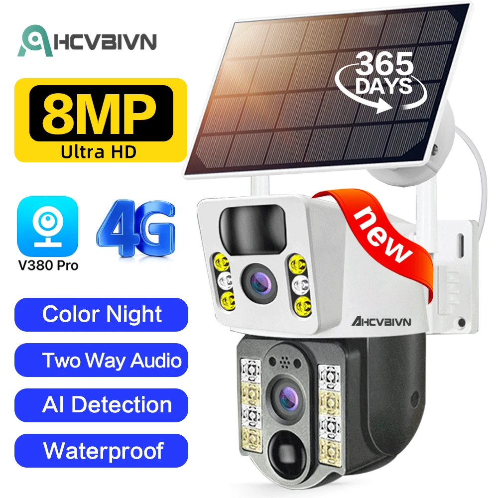 4K 8Mp 4G Dual Lens Wiif Ptz Solar Camera Batteria Pir Human Tracking Outdoor Security Cctv Telecamera Ip Di Sorveglianza V380 Pro