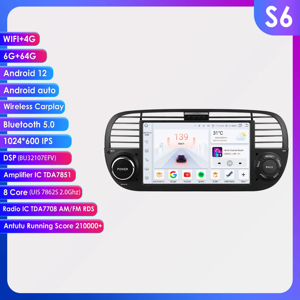ESTOCK1 Autoradio Android 14 Per Fiat 500 / Abarth 2007-2016 | 7'' GPS CarPlay USB Wi-Fi 4GB RAM 32GB ROM