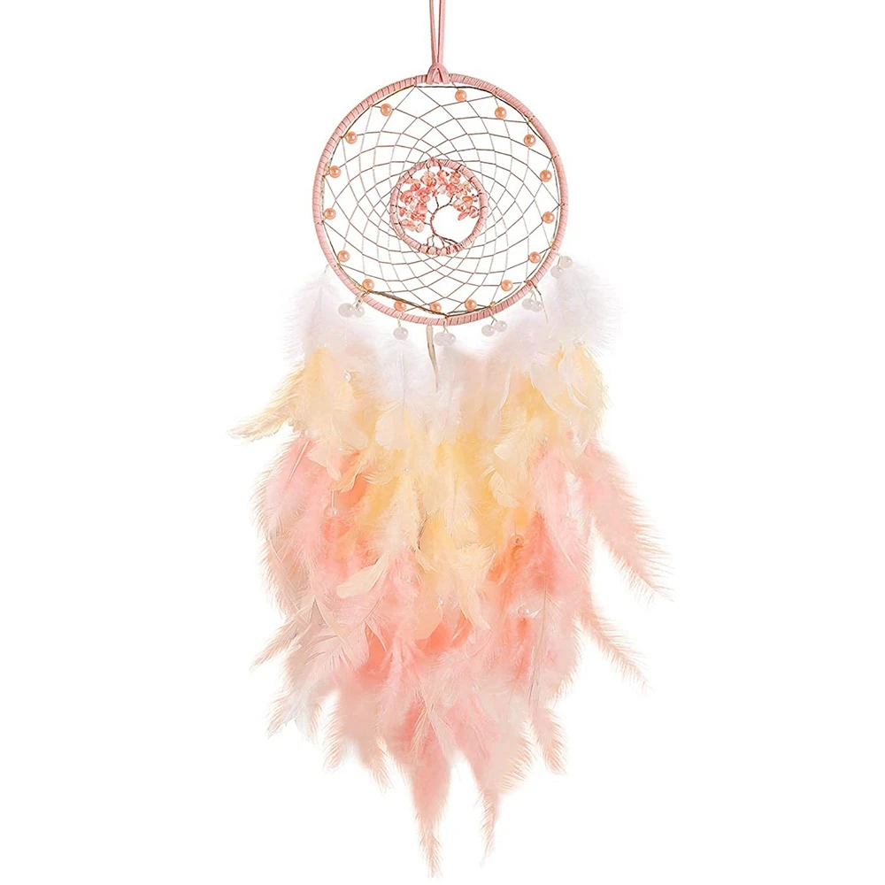 

Dream Catcher Hanging Ornament Decor Handmade LED Lights Pink Feather Healing Crystals Dreamcatchers for Home Wall Decor