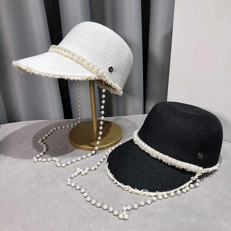 

2022 New Fashion Pearl Chain Burr Straw Hat Women's Temperament Equestrian Hat Baseball Cap Summer Travel Sun Visor Beach Hat