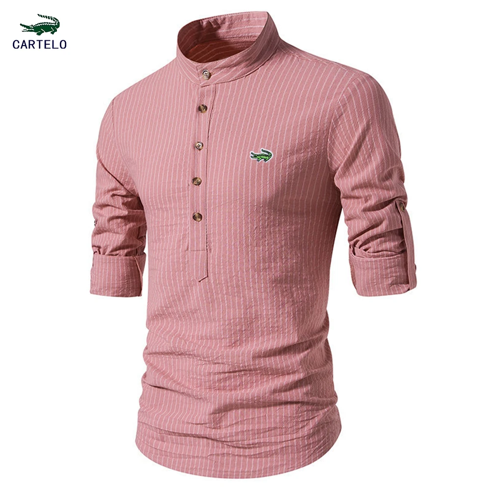 2023 New Embroidery Social Shirt Men Striated Long Sleeve High Quality Brand Shirt for Men Spring Stand Casual Men's Shirts