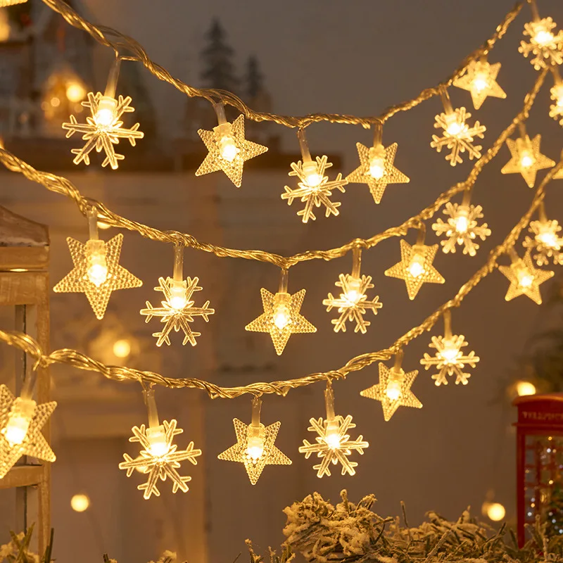 thumbnail image 1 of Guirnalda de luces LED con forma de estrella y copo de nieve de 1,5 m/3 m, funciona con pilas, para árbol de Navidad, 20243, 1 of 4