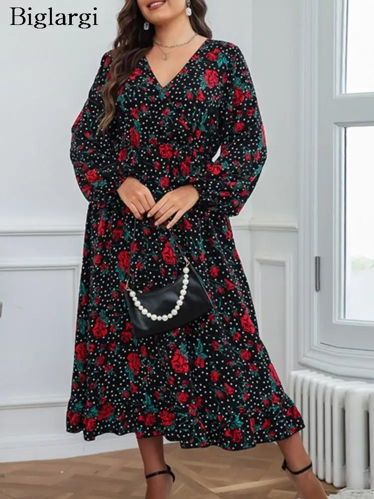

Plus Size Summer Floral Long Dress Women Chiffon Long Sleeve Flower Polka Dot Print Ladies Dresses Fashion Woman Dress 2023