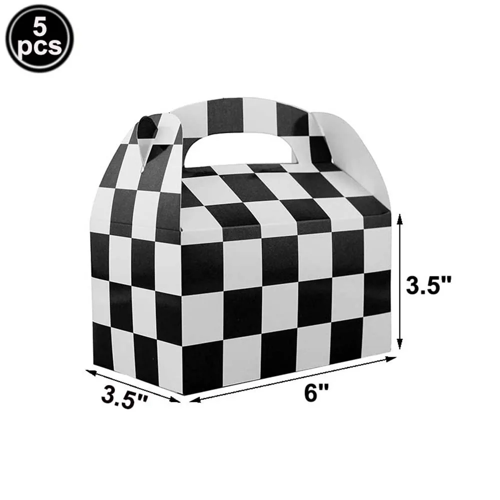 Racing Car Theme Birthday Party Supplies Set with Checkered Design - Includes Balloon Banner, Plates, Cups, Napkins, Food Boxes, and Gift Bags