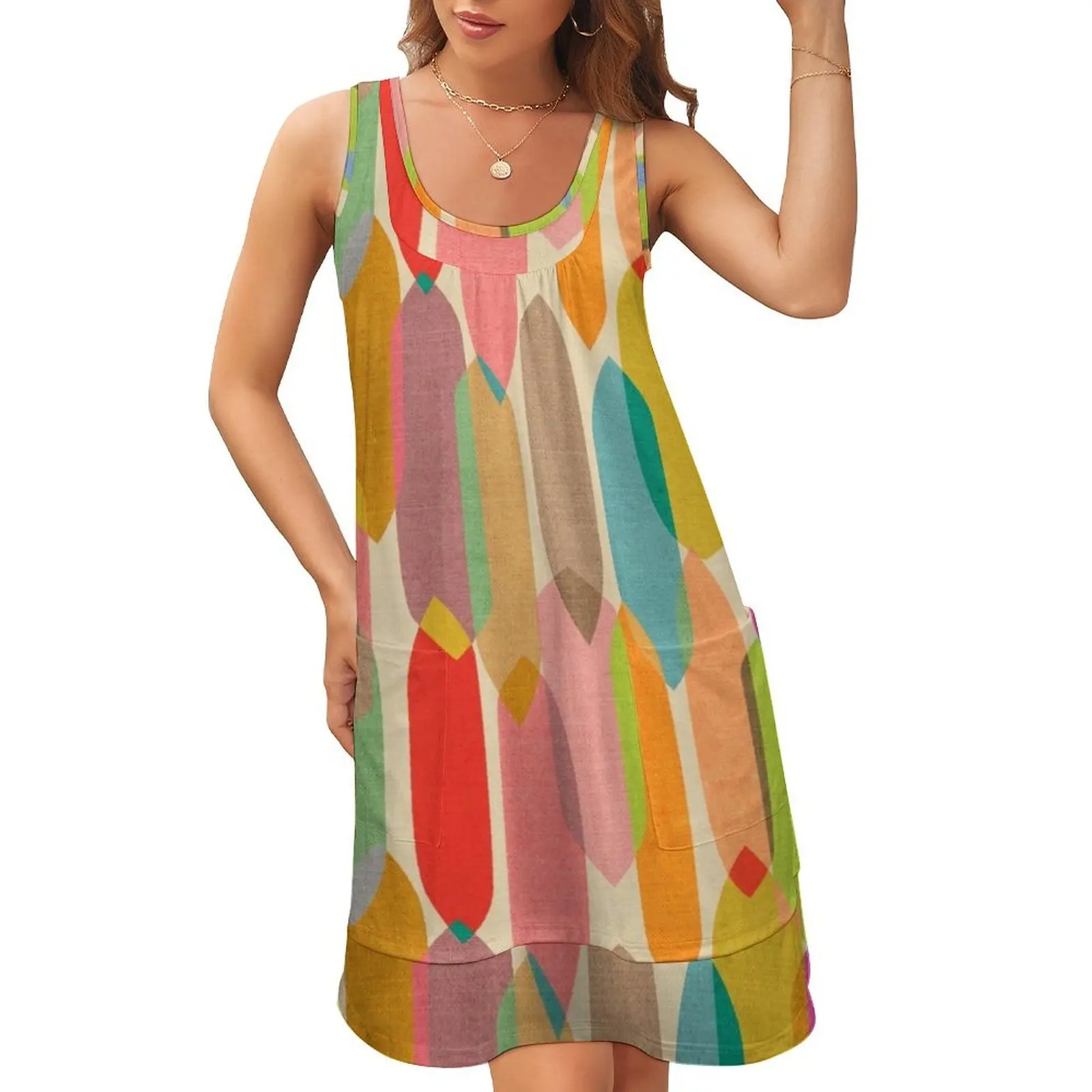 

Mid Century Droplets Kaleidoscope Sleeveless U-Neck Fake Two Piece Dress party dresses women summer dresses ladies 2024