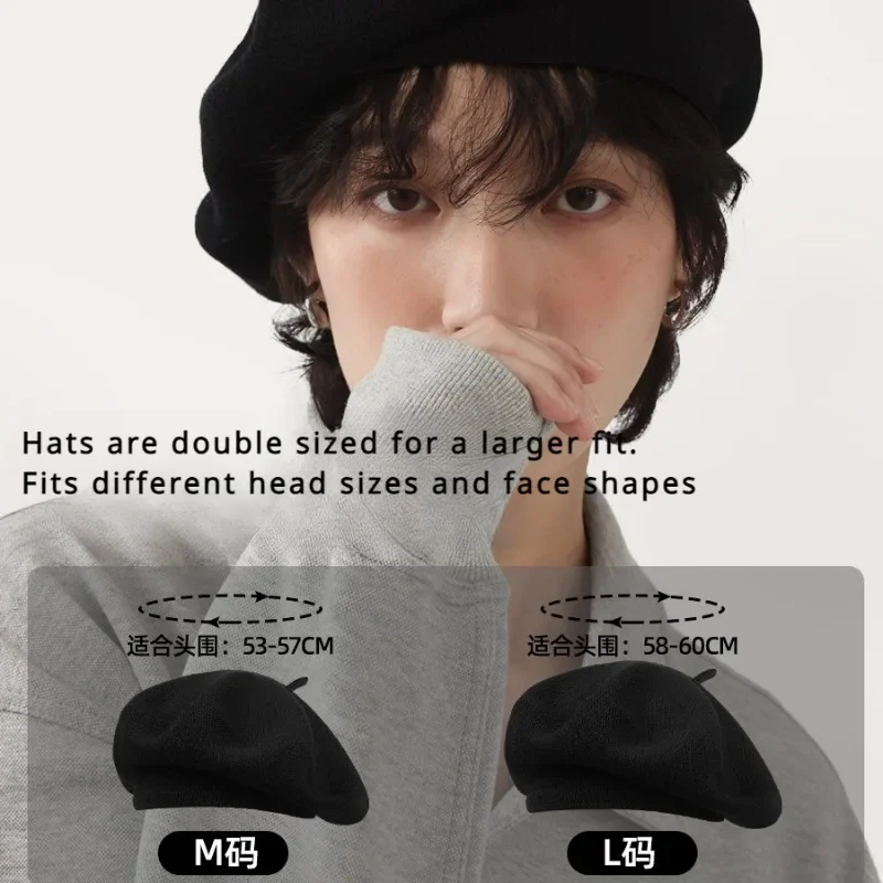 Pure Cotton Cream White Beret for Women Painters with Large Head Circumference and Thin Summer Black Men's Knitted Pumpkin Hat 4
