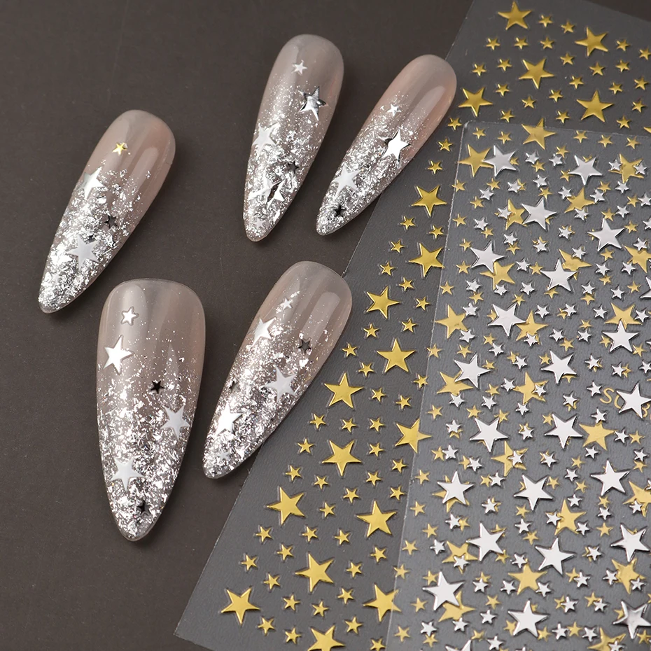 Y2K 메탈릭 크롬 3D 스타 네일 스티커 혼합 색상 미니 펜타그램 모양 셀프 접착 네일 데칼 네일 아트 DIY에 적합
