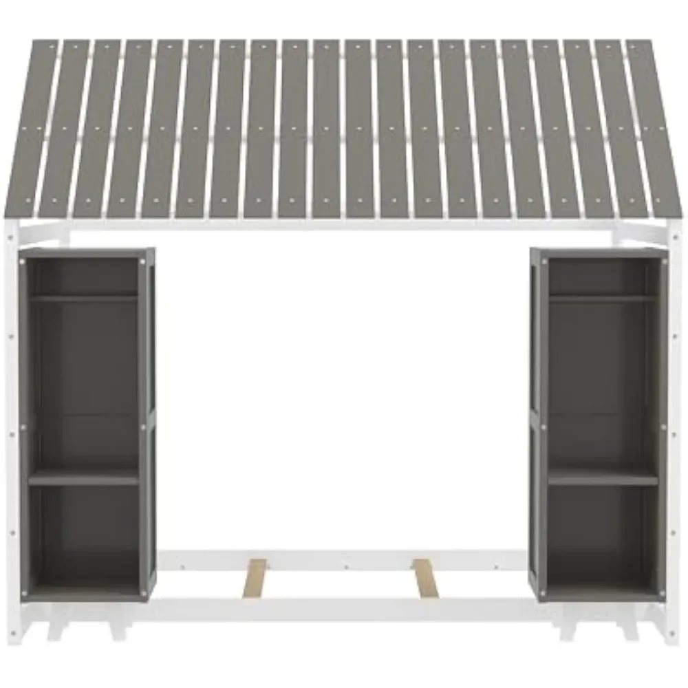 Wooden Twin Size House Bed for Kids,Includes Two Movable Wardrobes,Children Beds Features Cozy Fence and Roof 6
