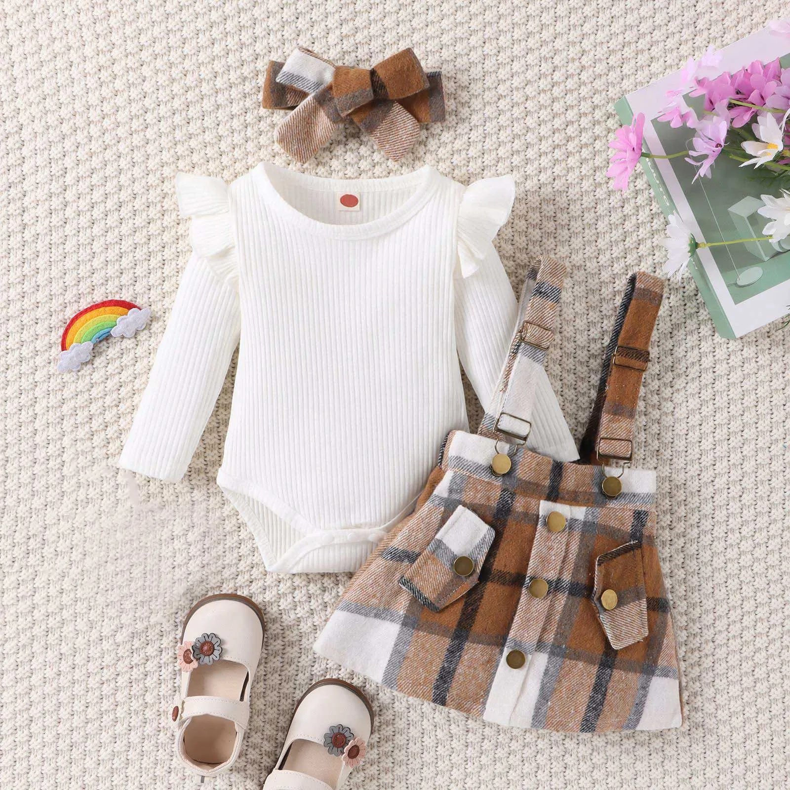 

Newborn Baby Girl Spring Clothes Set Solid Ribbed Long Sleeve Ruffled Romper+Plaid Print Suspender Skirt+Headband Infant Outfits