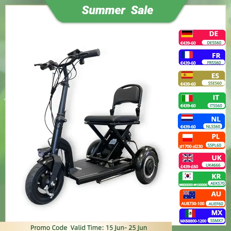 3 Wheel Lightweight Folding Mobility Scooter For Older People With Foldable Backrest/Bag Rack 300w Electric Tricycle Car Adults