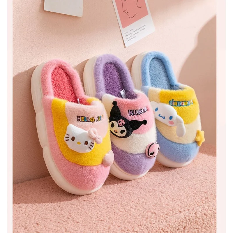 

Sanrio Hello Kitty Kuromi Cinnamoroll Cotton House Slippers Winter Thick Plush Keep Warm Non-Slip Kawaii Parent-Child Slippers