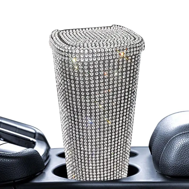 

Diamond Crystal Car Trash Can Bin Auto Trash Can Front Seat Rhinestone With Lid Waterproof Auto Garbage Organizer Blue For Car