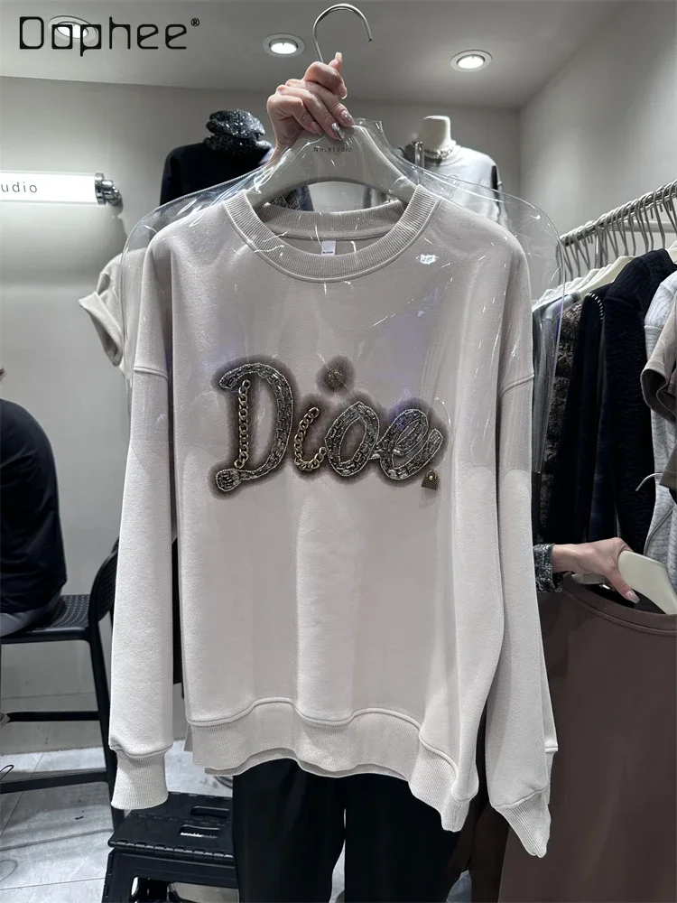

Beaded Letters Loose Long Sleeve Pullover Thin Hoodies Women 2023 Autumn Winter Round Neck Rhinestone Sweatshirt Jacket Female