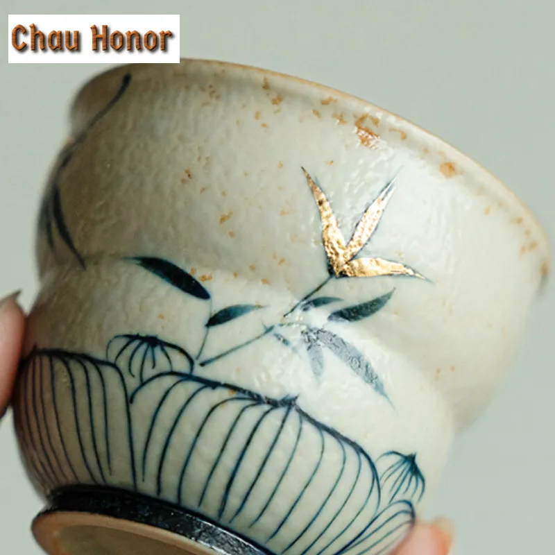 55ml Blue And White Flint Red Teacup Handmade Gold Drawing Bamboo Tea Bowl Gourd Master Mugs Meditation Cup Chazhan Drinkware