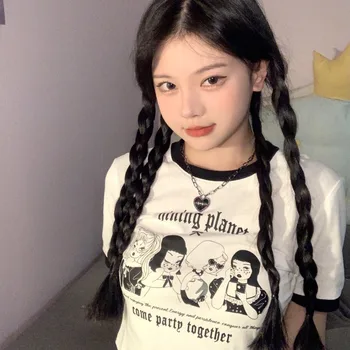 Korean High Street Vintage Women Top Round Neck Fashion Letter Print Crop Top Summer New 2024 Women's Short Sleeve Tee 1