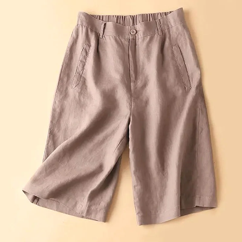 

Linen Women's Summer Shorts Casual Elastic Waist White Shorts Solid Basic Loose Wide Leg Cotton Linen Women High Waist Short