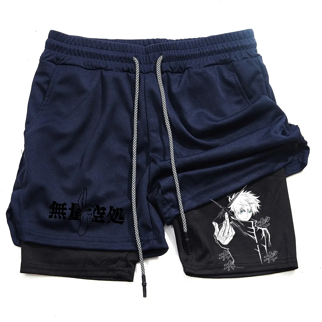 Pantalones cortos de compresión de Anime para hombre, ropa deportiva de verano, 2 en 1, entrenamiento, Fitness 2
