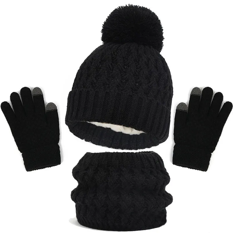 Luxury Fashion Scarves Children Knitted Beanie Cap Cute Pompom Baby Hat Winter Hat Scarf and Gloves 3pcs Set For Girls Boy