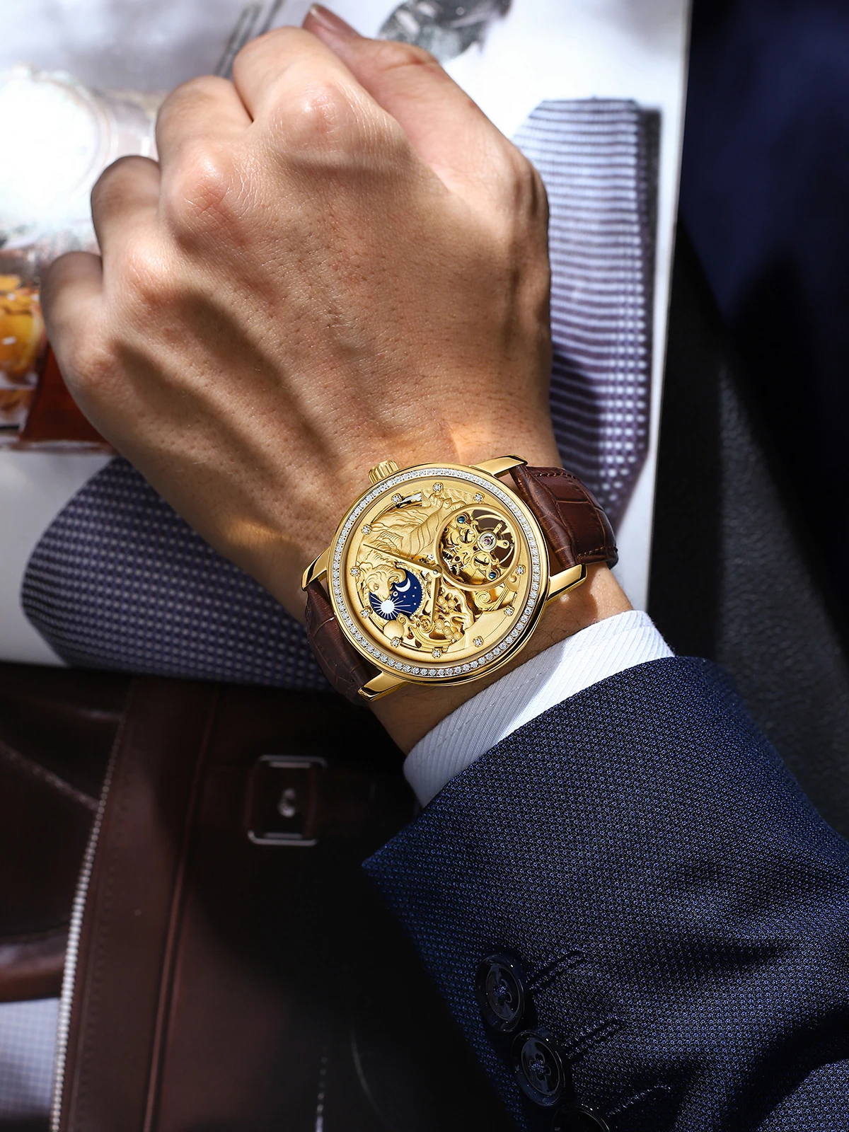 AILANG Golden Tiger Watch Fashion Classic Diamond Men's Watch Mechanical Automatic Winding New Luxury